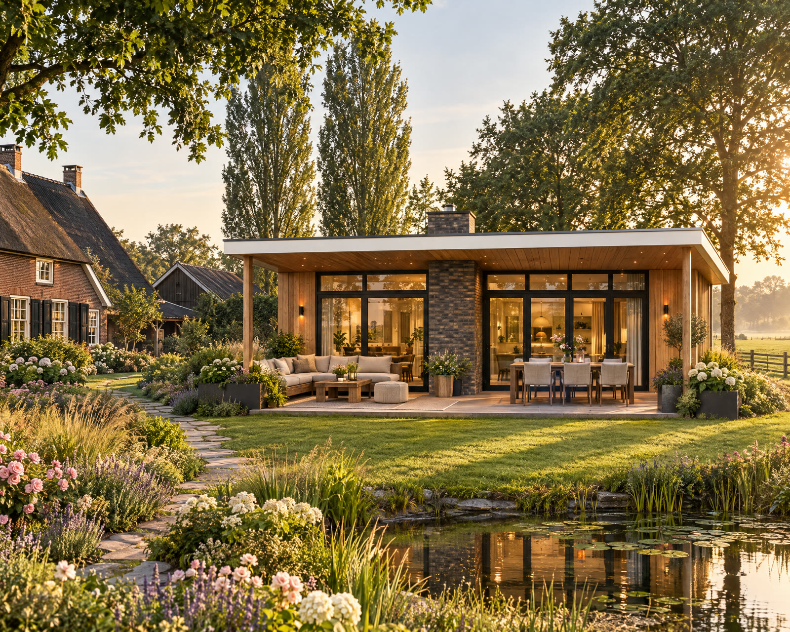 Luxe mantelzorgwoning met overkapt terras en vijver in een weiland naast een boerderij
