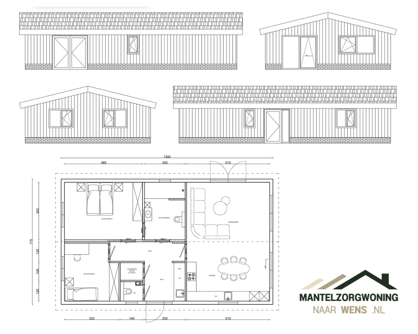 Tekening van de gevels van een mantelzorgwoning