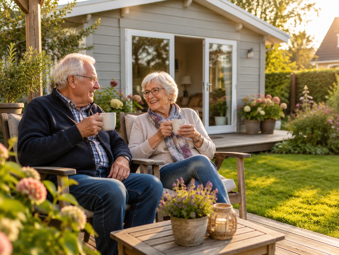 Een ouder stel drinkt koffie op het terras van hun woning in de tuin
