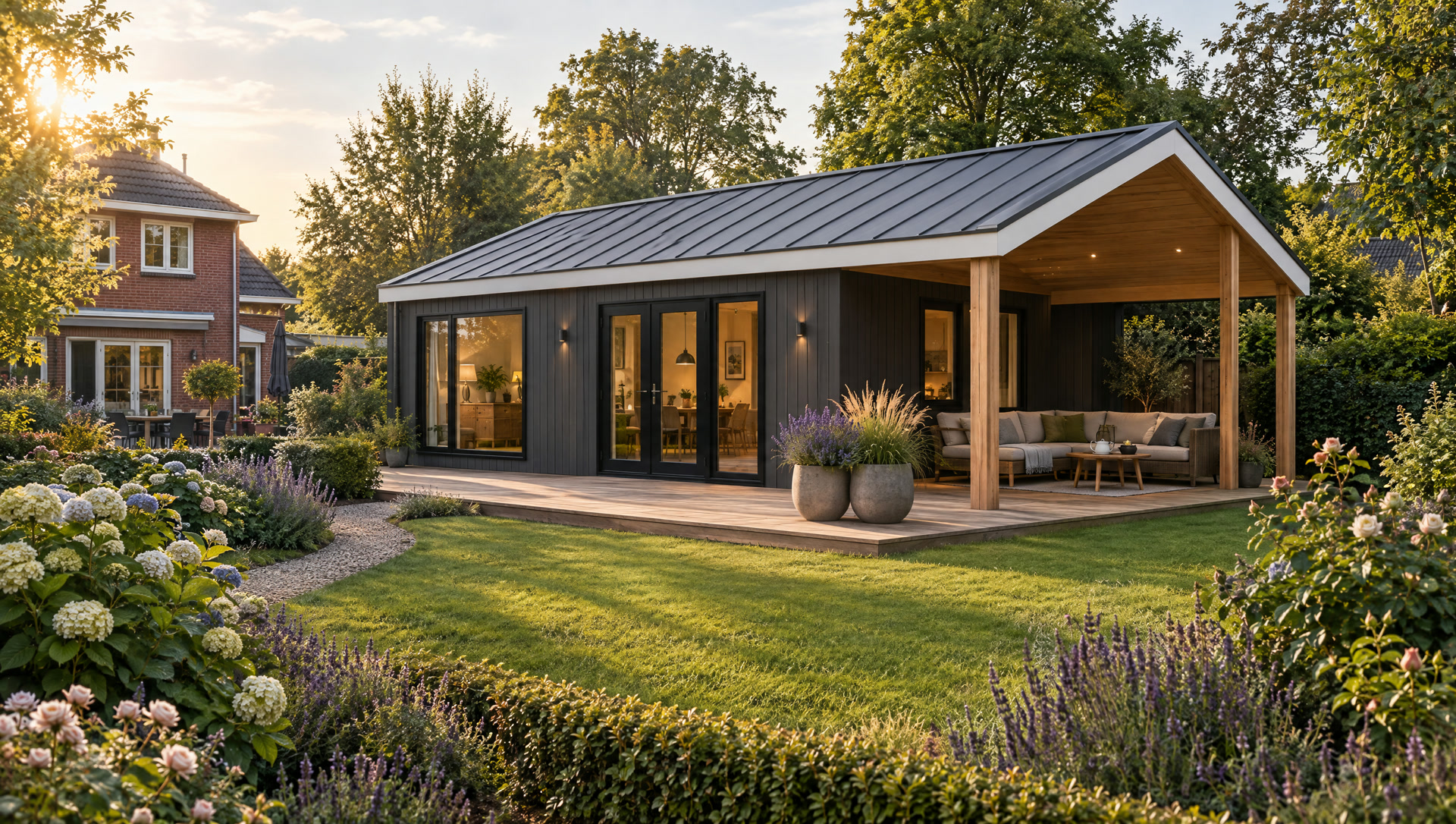 Een moderne mantelzorgwoning met antraciet zadeldak, donkere gevel en een overkapte veranda, in de tuin naast een bakstenen woonhuis