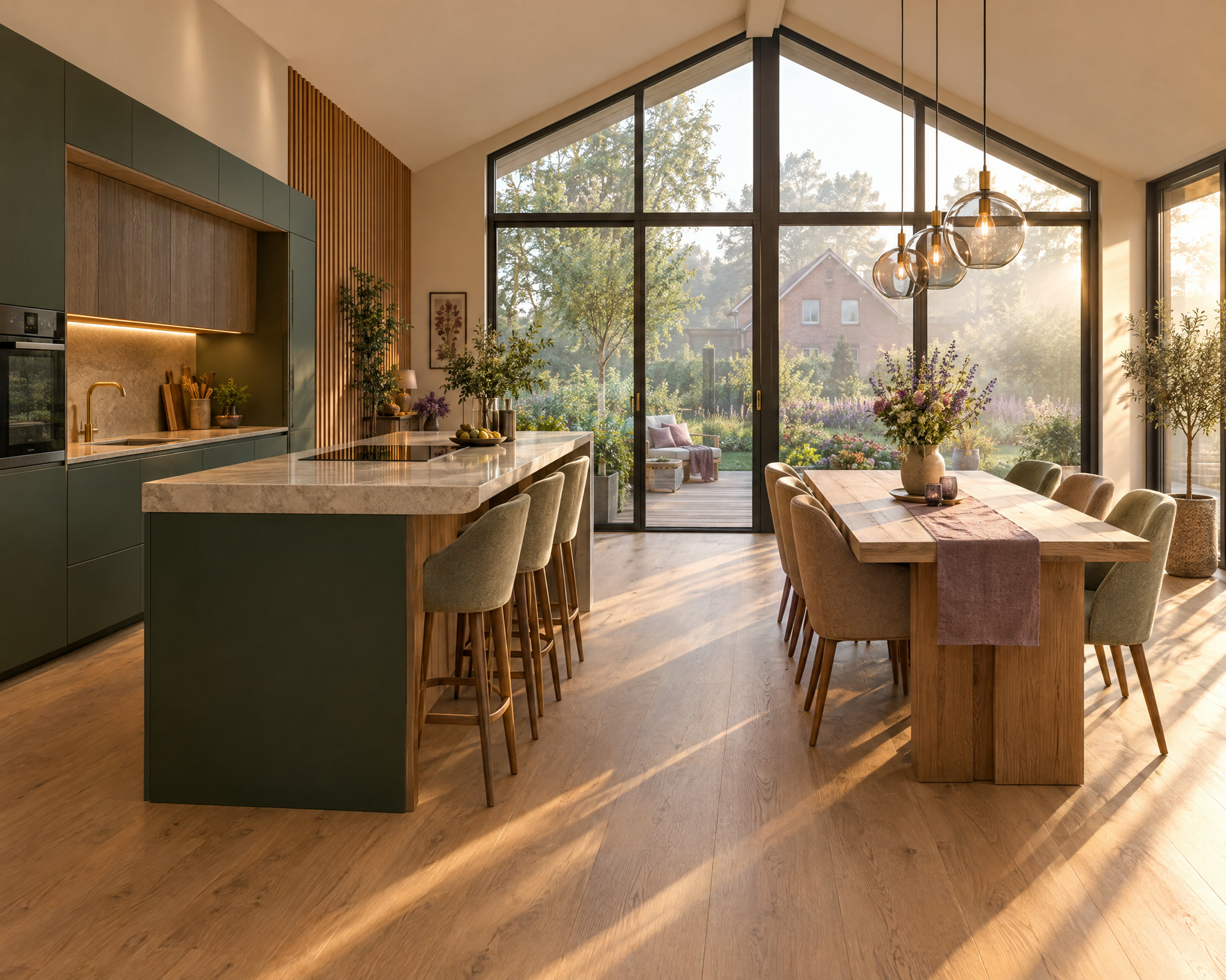 Luxe woonkeuken met een groen kookeiland, een eikenhouten eettafel en hoge glazen deuren naar de tuin